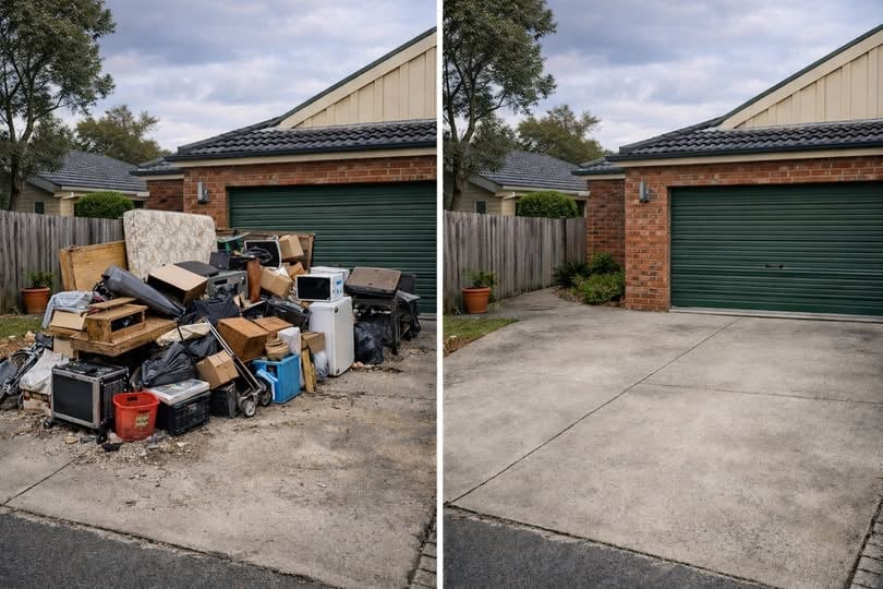 Before and after comparison of a garage driveway, left shows cluttered junk and debris, right shows clean cleared driveway