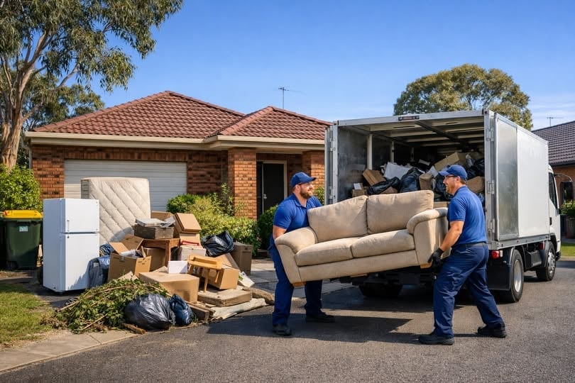Movers in blue uniforms loading a beige couch into a moving truck outside a brick house surrounded by cardboard boxes and furniture