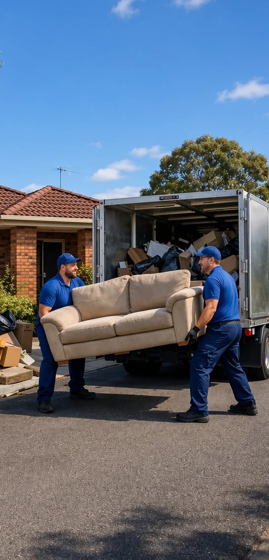 Two moving company workers in blue uniforms loading a beige couch into a moving truck in front of a brick house